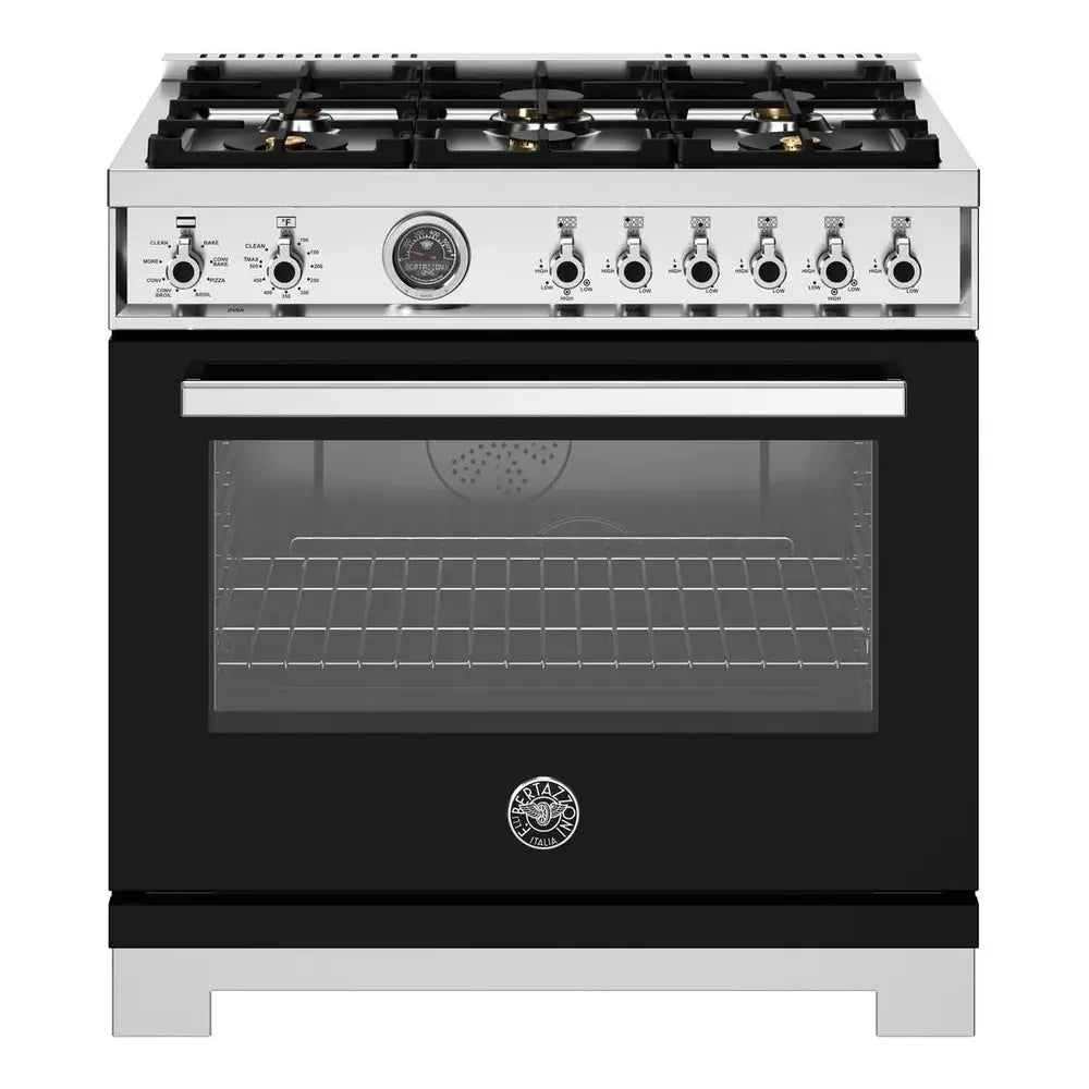 Bertazzoni Professional Series 36 inch Dual Fuel Range with 6 Brass Burners, 5.7 cu. ft. Oven Capacity, Self Clean and Removable Cast-Iron Griddle (Nero Black) - PRO366BCFEPNET*
