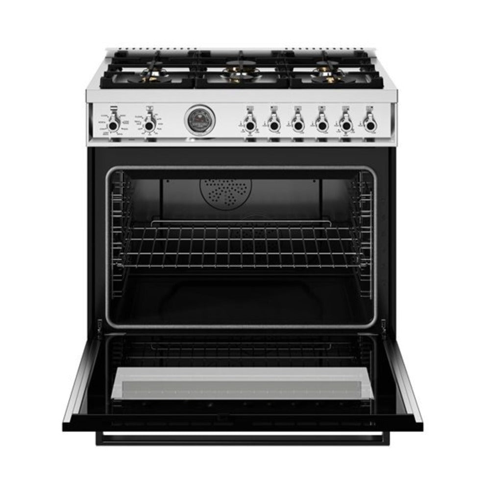 Bertazzoni Professional Series 36 inch Dual Fuel Range with 6 Brass Burners, 5.7 cu. ft. Oven Capacity, Self Clean and Removable Cast-Iron Griddle (Nero Black) - PRO366BCFEPNET*