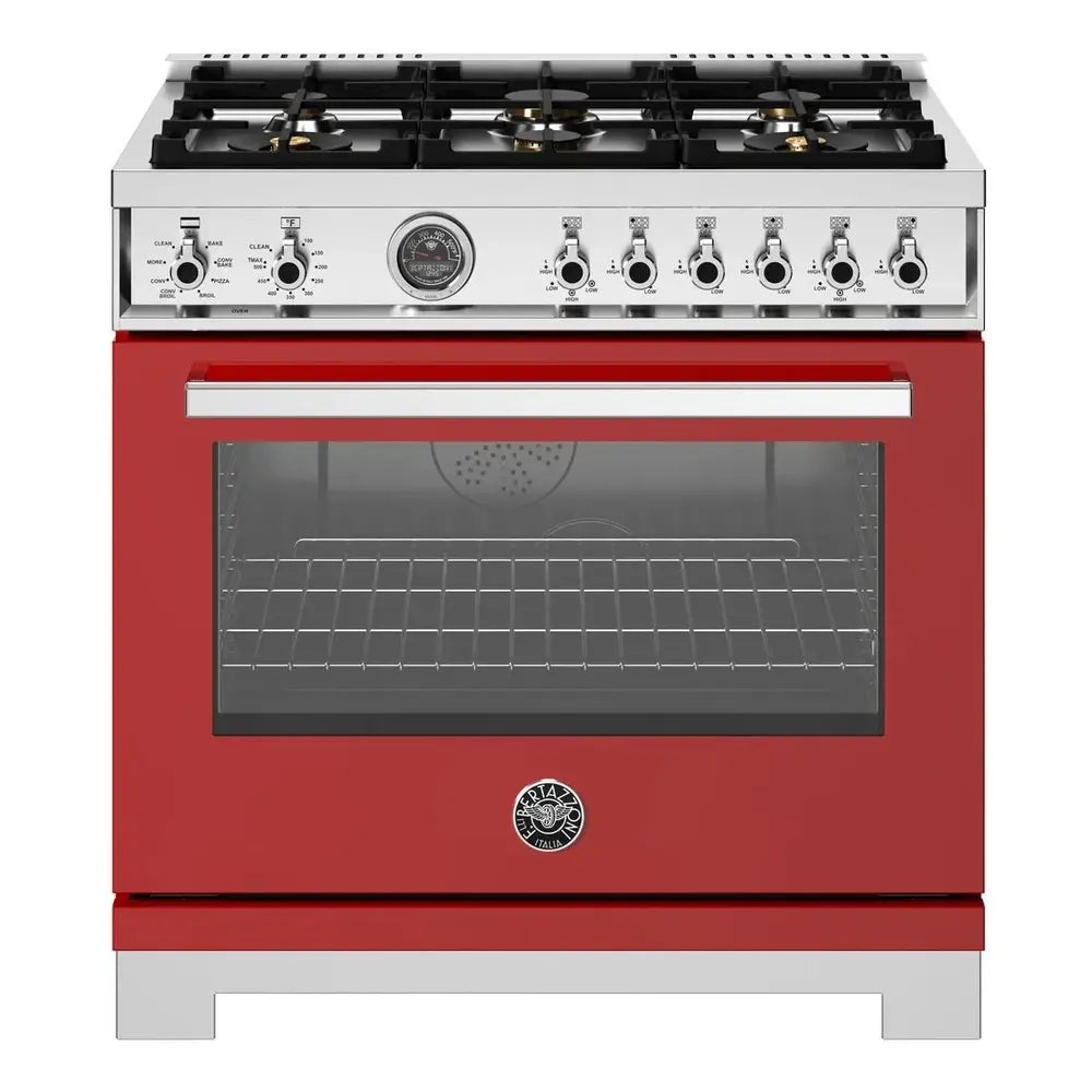 Bertazzoni Professional Series 36 inch Dual Fuel Range with 6 Brass Burners, 5.7 cu. ft. Oven Capacity, Self Clean and Removable Cast-Iron Griddle (Rosso Red) - PRO366BCFEPROT*