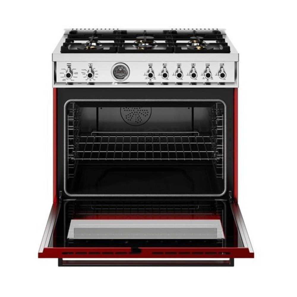 Bertazzoni Professional Series 36 inch Dual Fuel Range with 6 Brass Burners, 5.7 cu. ft. Oven Capacity, Self Clean and Removable Cast-Iron Griddle (Rosso Red) - PRO366BCFEPROT*