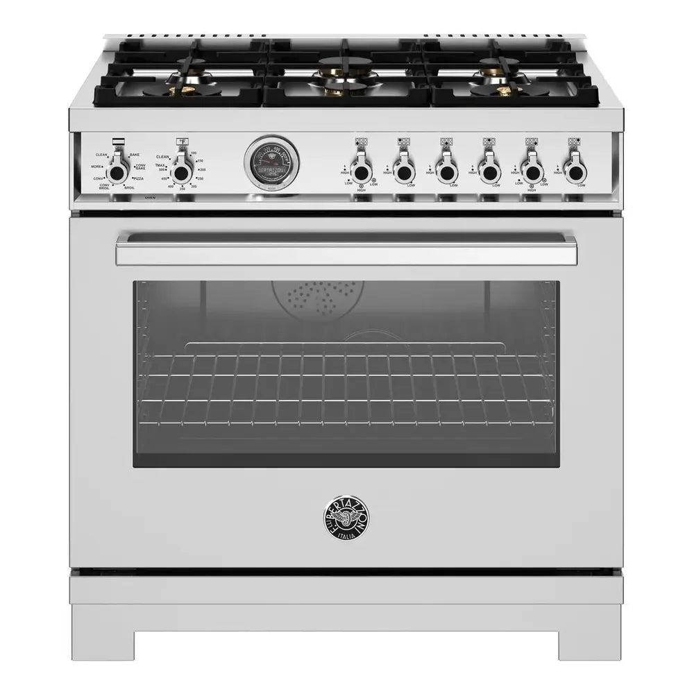 Bertazzoni Professional Series 36 inch Dual Fuel Range with 6 Brass Burners, 5.7 cu. ft. Oven Capacity, Self Clean and Removable Cast-Iron Griddle (Stainless Steel) - PRO366BCFEPXT*