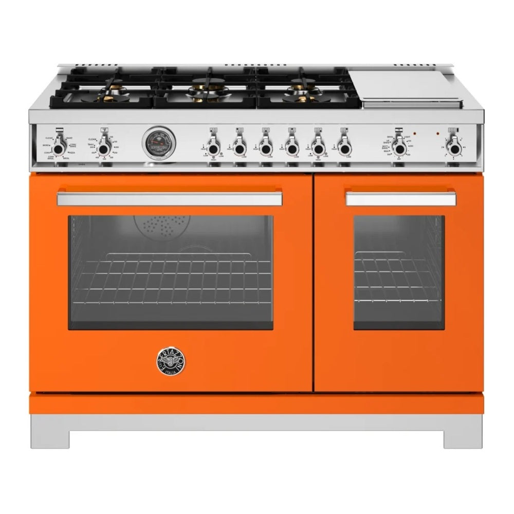 Bertazzoni Professional Series 48 inch Dual Fuel Range with 6 Brass Burners, Electric Griddle, 7 cu. ft. Total Oven Capacity and Self Clean (Arancio Orange) - PRO486BTFEPART*