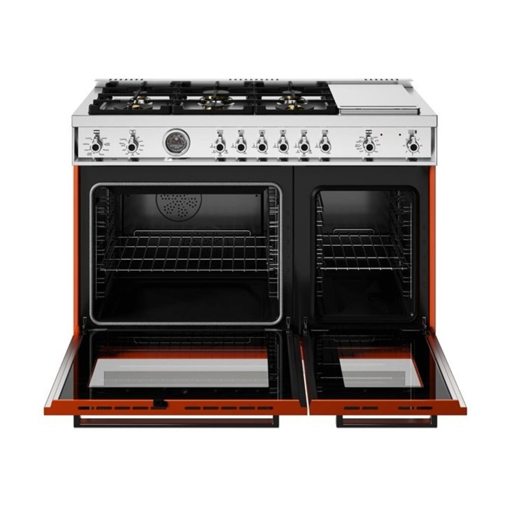Bertazzoni Professional Series 48 inch Dual Fuel Range with 6 Brass Burners, Electric Griddle, 7 cu. ft. Total Oven Capacity and Self Clean (Arancio Orange) - PRO486BTFEPART*