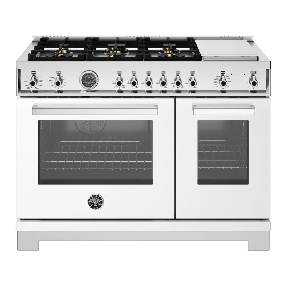 Bertazzoni Professional Series 48 inch Dual Fuel Range with 6 Brass Burners, Electric Griddle, 7 cu. ft. Total Oven Capacity and Self Clean (Bianco White) - PRO486BTFEPBIT*