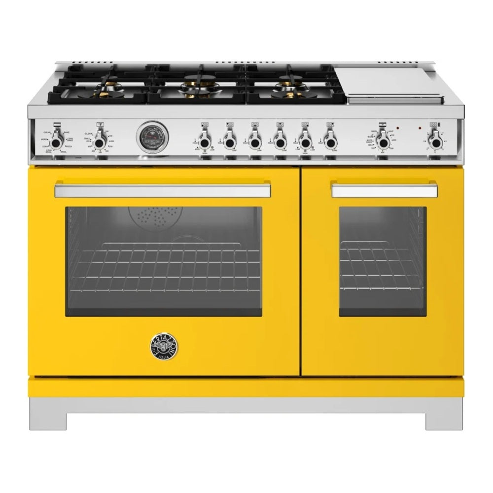 Bertazzoni Professional Series 48 inch Dual Fuel Range with 6 Brass Burners, Electric Griddle, 7 cu. ft. Total Oven Capacity and Self Clean (Giallo Yellow) - PRO486BTFEPGIT*