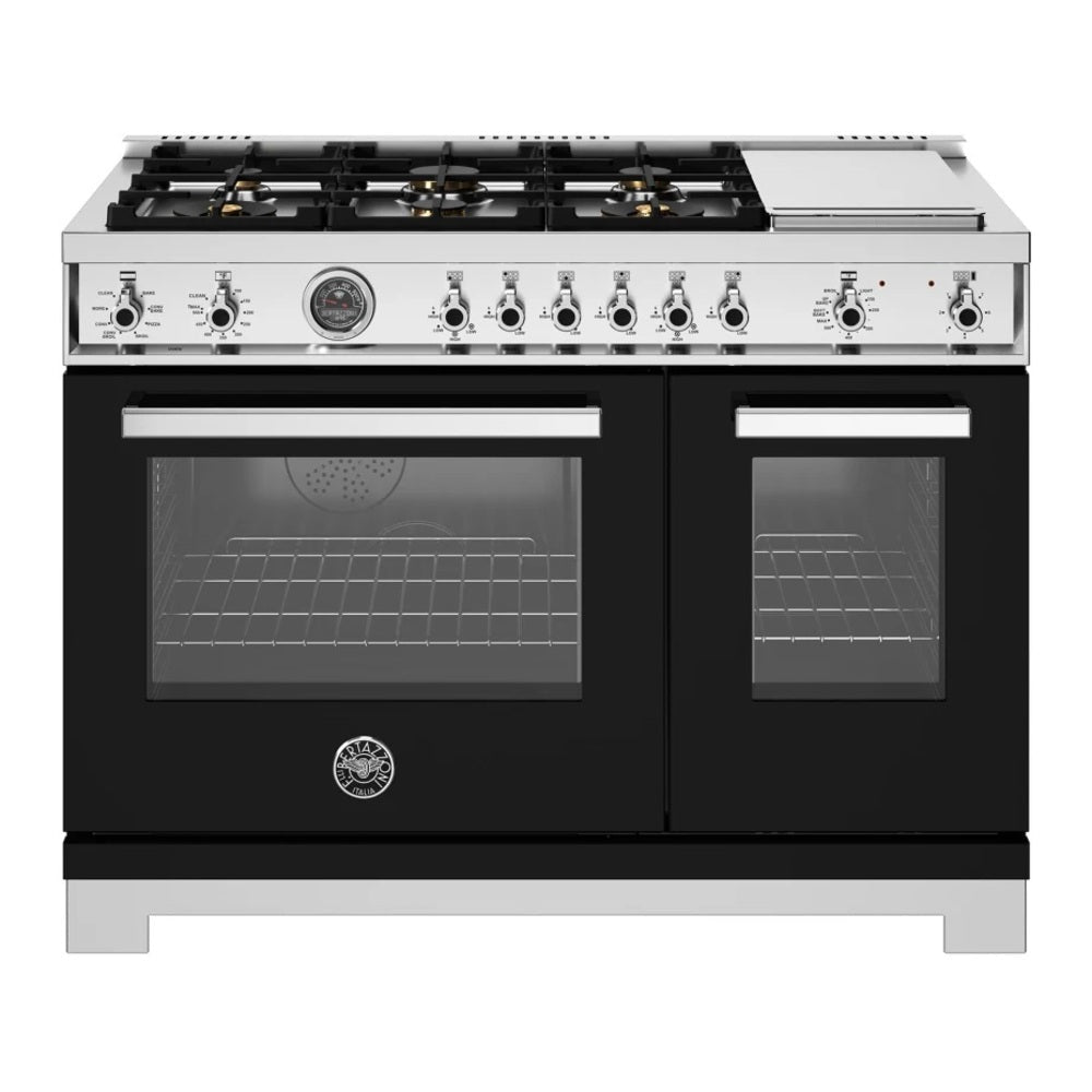 Bertazzoni Professional Series 48 inch Dual Fuel Range with 6 Brass Burners, Electric Griddle, 7 cu. ft. Total Oven Capacity and Self Clean (Nero Black) - PRO486BTFEPNET*