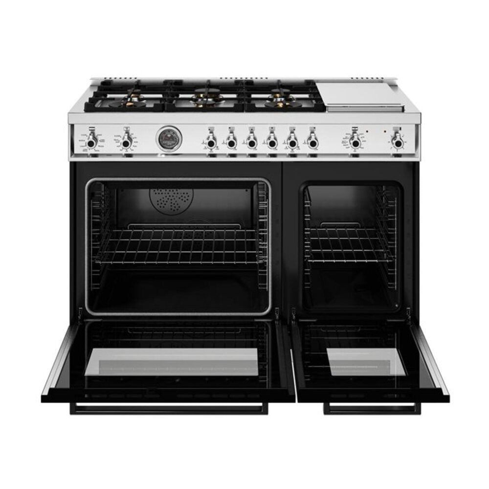 Bertazzoni Professional Series 48 inch Dual Fuel Range with 6 Brass Burners, Electric Griddle, 7 cu. ft. Total Oven Capacity and Self Clean (Nero Black) - PRO486BTFEPNET*