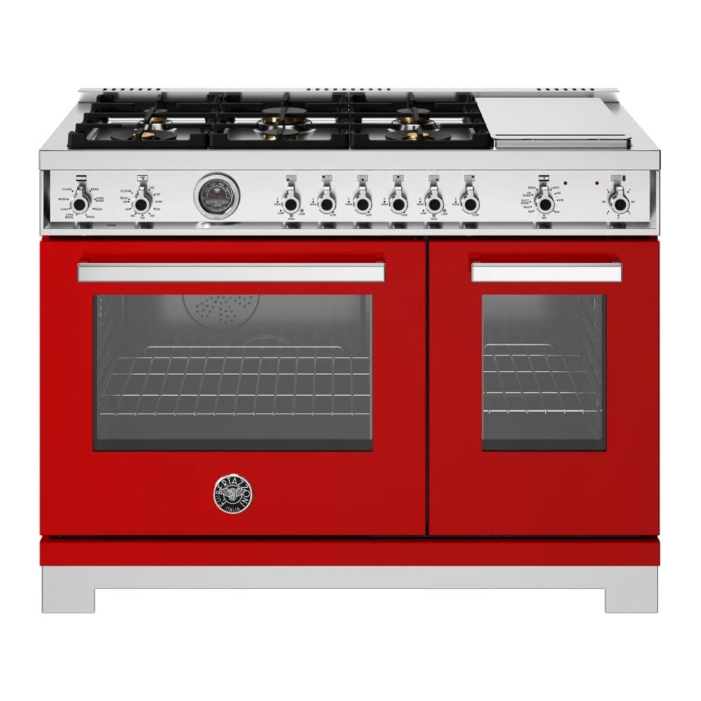 Bertazzoni Professional Series 48 inch Dual Fuel Range with 6 Brass Burners, Electric Griddle, 7 cu. ft. Total Oven Capacity and Self Clean (Rosso Red) - PRO486BTFEPROT*