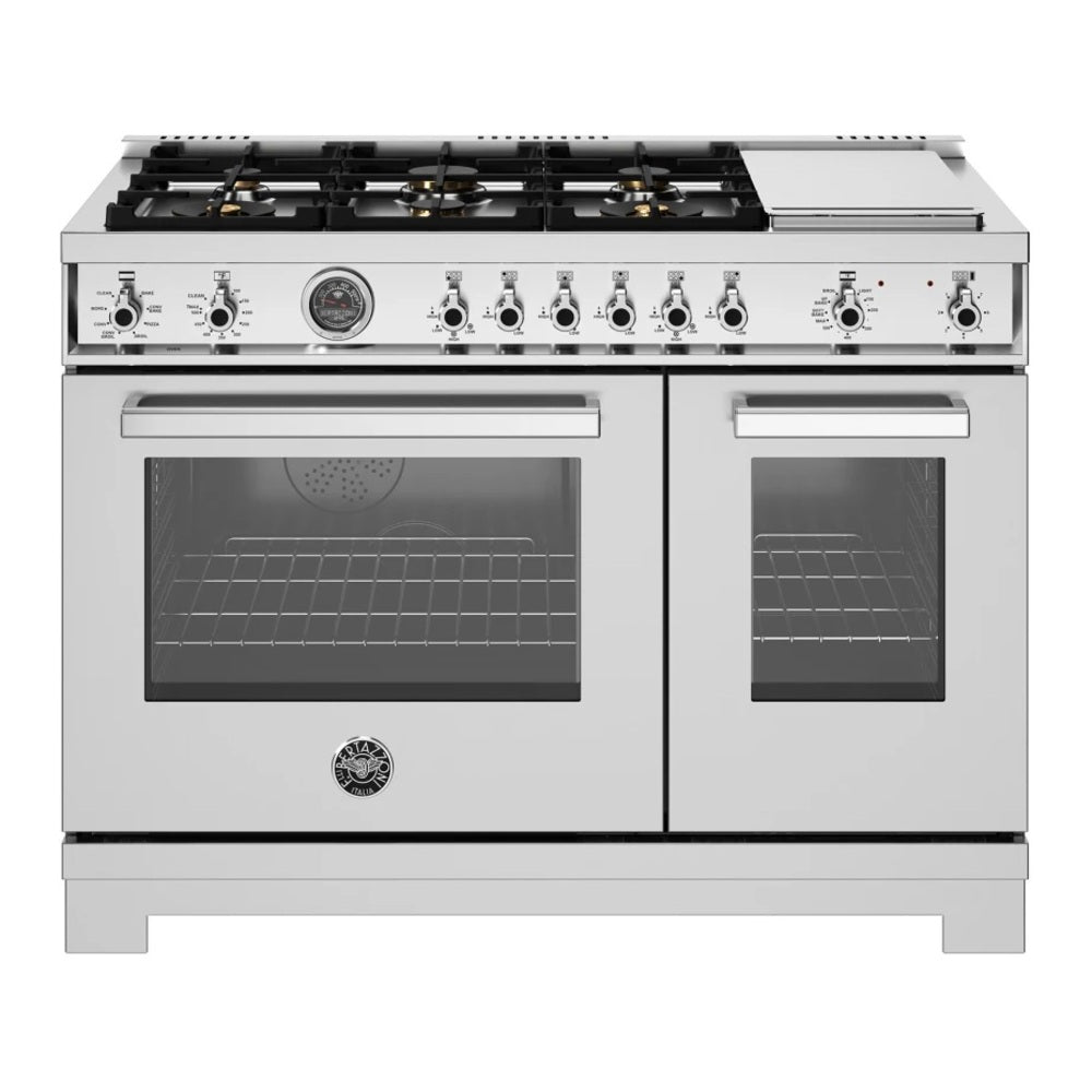 Bertazzoni Professional Series 48 inch Dual Fuel Range with 6 Brass Burners, Electric Griddle, 7 cu. ft. Total Oven Capacity and Self Clean (Stainless Steel) - PRO486BTFEPXT*