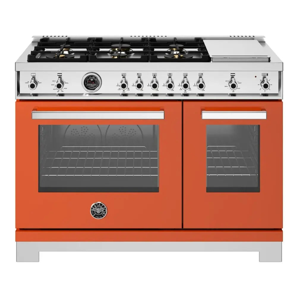 Bertazzoni Professional Series 48 inch Gas Range with 6 Brass Burners, Electric Griddle, 7.1 cu. ft. Total Oven Capacity and Dual Convection (Arancio Orange) - PRO486BTFGMART*