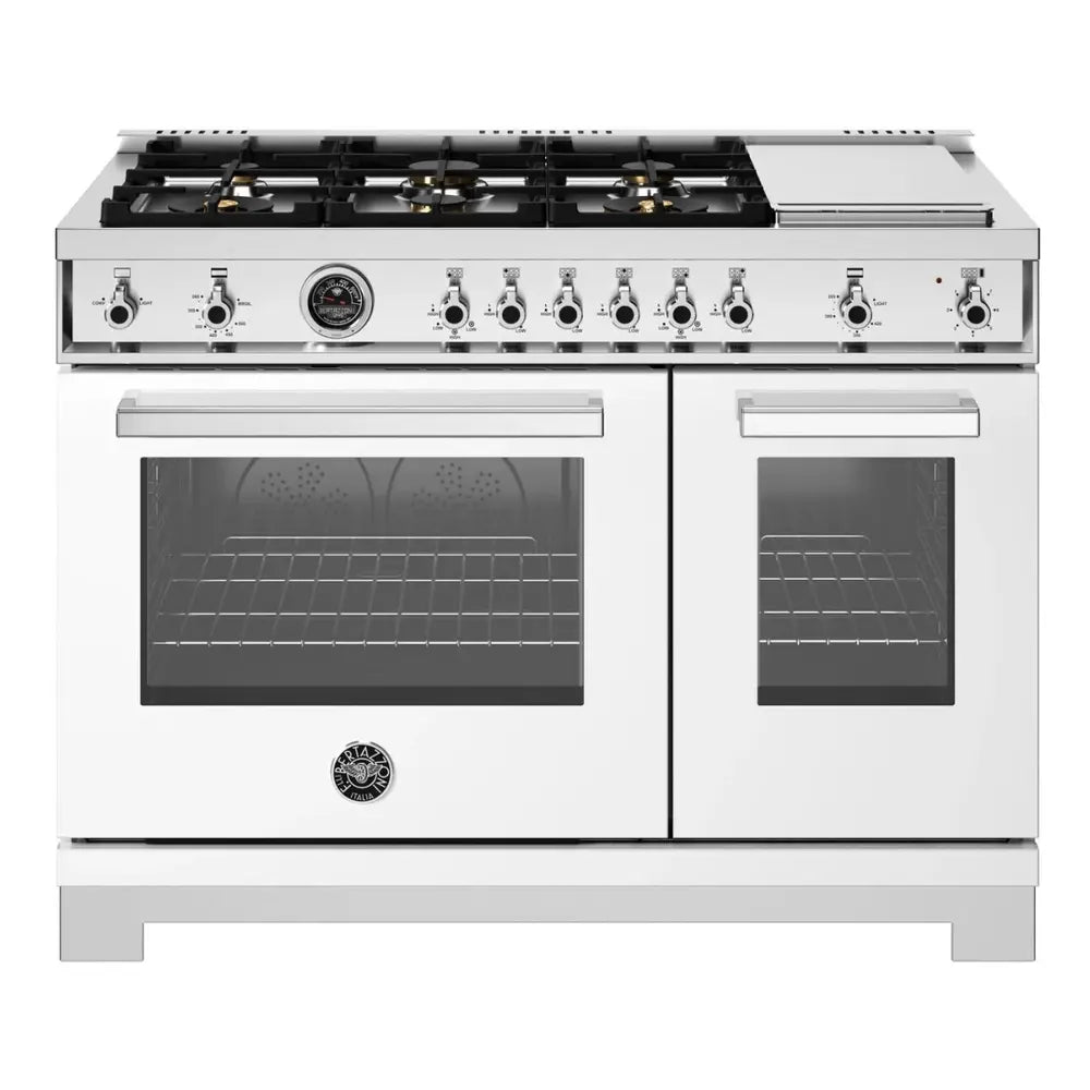 Bertazzoni Professional Series 48 inch Gas Range with 6 Brass Burners, Electric Griddle, 7.1 cu. ft. Total Oven Capacity and Dual Convection (Bianco White) - PRO486BTFGMBIT*