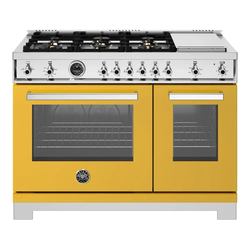 Bertazzoni Professional Series 48 inch Gas Range with 6 Brass Burners, Electric Griddle, 7.1 cu. ft. Total Oven Capacity and Dual Convection (Giallo Yellow) - PRO486BTFGMGIT*