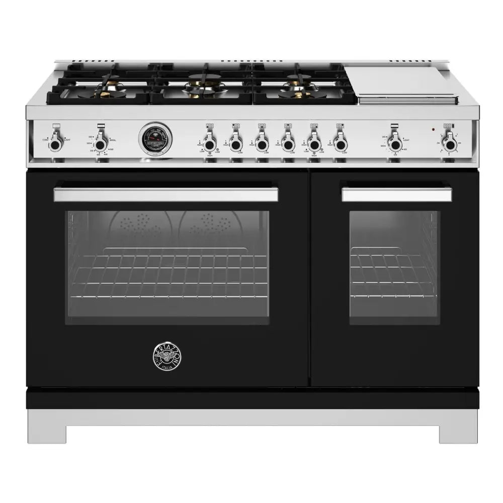 Bertazzoni Professional Series 48 inch Gas Range with 6 Brass Burners, Electric Griddle, 7.1 cu. ft. Total Oven Capacity and Dual Convection (Nero Black) - PRO486BTFGMNET*
