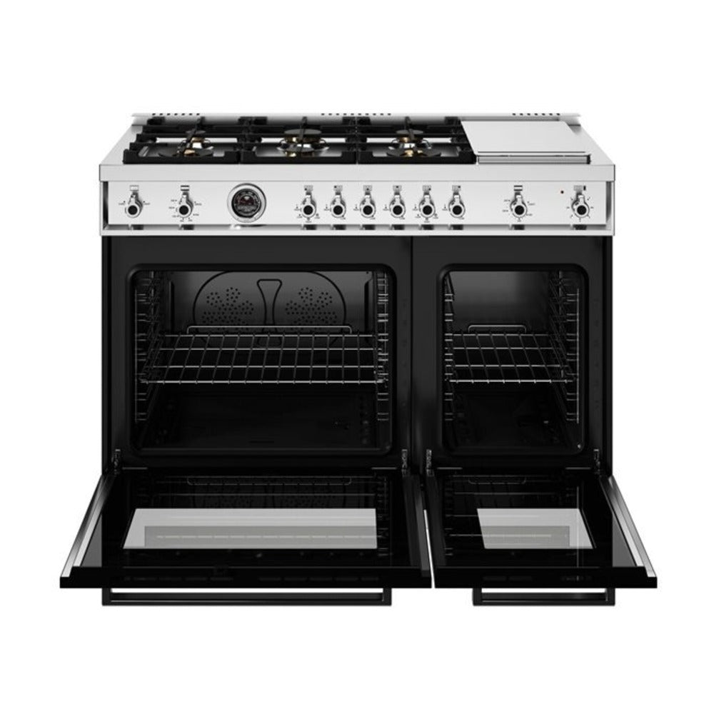 Bertazzoni Professional Series 48 inch Gas Range with 6 Brass Burners, Electric Griddle, 7.1 cu. ft. Total Oven Capacity and Dual Convection (Nero Black) - PRO486BTFGMNET*