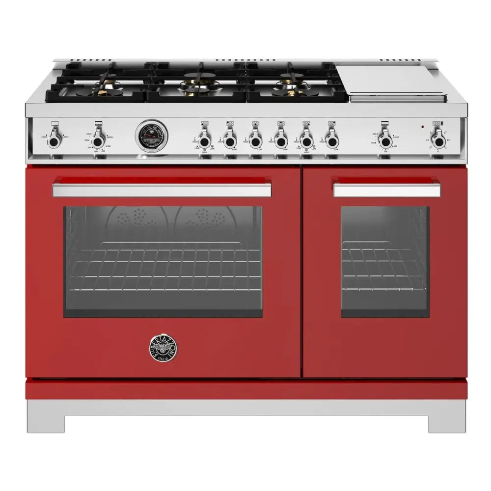 Bertazzoni Professional Series 48 inch Gas Range with 6 Brass Burners, Electric Griddle, 7.1 cu. ft. Total Oven Capacity and Dual Convection (Rosso Red) - PRO486BTFGMROT*
