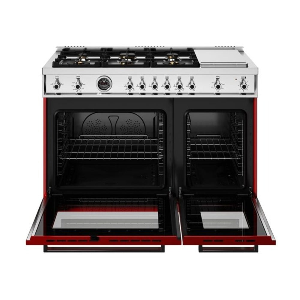 Bertazzoni Professional Series 48 inch Gas Range with 6 Brass Burners, Electric Griddle, 7.1 cu. ft. Total Oven Capacity and Dual Convection (Rosso Red) - PRO486BTFGMROT*