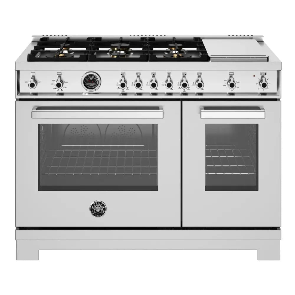 Bertazzoni Professional Series 48 inch Gas Range with 6 Brass Burners, Electric Griddle, 7.1 cu. ft. Total Oven Capacity and Dual Convection in Stainless Steel - PRO486BTFGMXT*