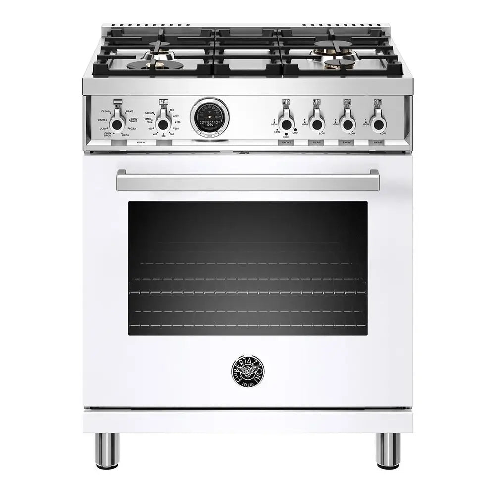 Bertazzoni 30 inch Freestanding Natural Gas Range with 4 Sealed Brass Burners, 4.6 cu. ft. Capacity, Self Clean Oven (Bianco White) - PROF304DFSBIT