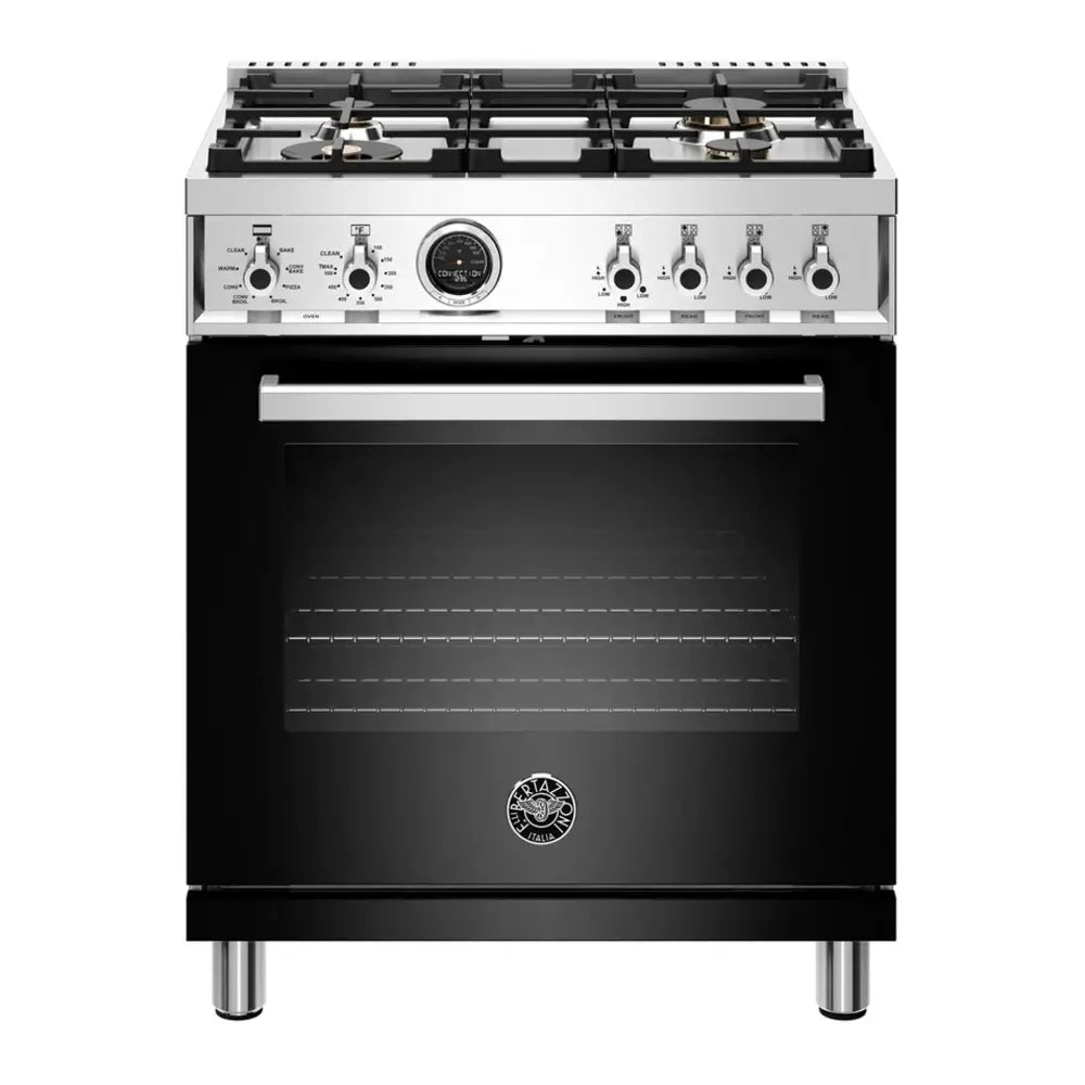 Bertazzoni 30 inch Freestanding Natural Gas Range with 4 Sealed Brass Burners, 4.6 cu. ft. Capacity, Self Clean Oven (Nero Glossy) - PROF304DFSNET