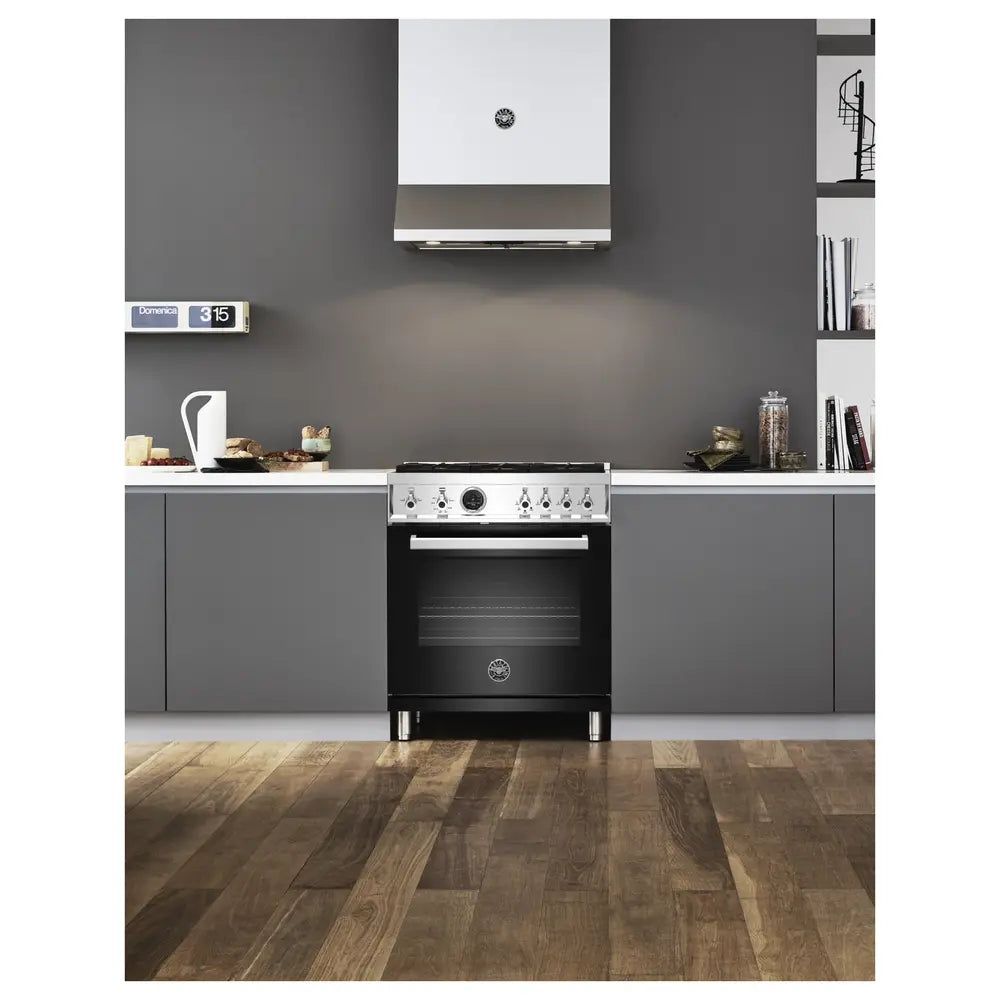 Bertazzoni 30 inch Freestanding Natural Gas Range with 4 Sealed Brass Burners, 4.6 cu. ft. Capacity, Self Clean Oven (Nero Glossy) - PROF304DFSNET