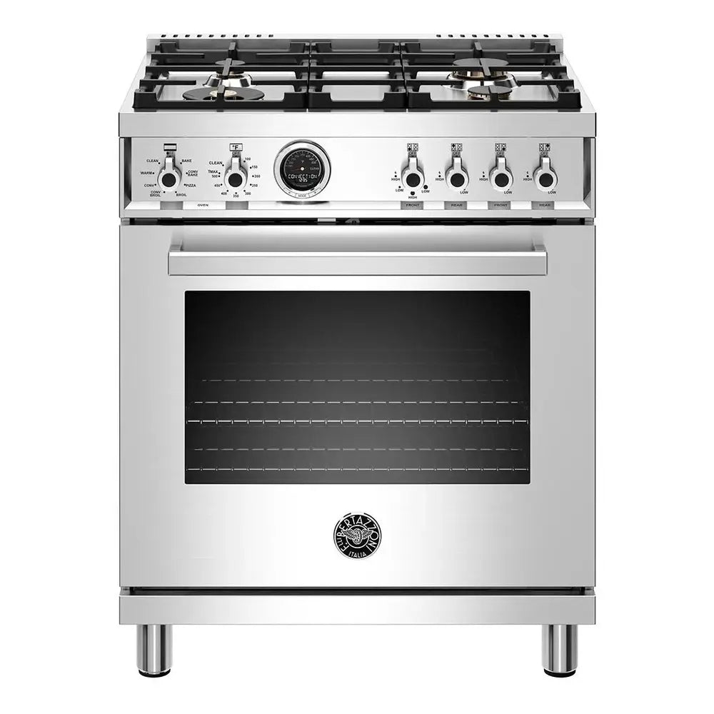 Bertazzoni 30 inch Freestanding Natural Gas Range with 4 Sealed Brass Burners, 4.6 cu. ft. Capacity, Self Clean Oven (Stainless Steel) - PROF304DFSXT