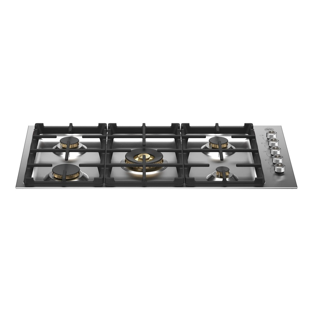 Bertazzoni 36 inch Professional Series Drop-In Gas Cooktop with 5 Brass Burners, Cast Iron Grates, Failsafe Thermocouple Technology, Seamless One-Piece Worktop, in Stainless Steel - PROF365QBXT*