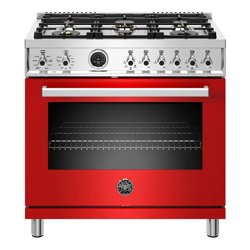 Bertazzoni 36 inch Freestanding Dual Fuel Range with 6 Sealed Burners, 5.7 cu. ft. Capacity, Soft Motion Hinges, Self Clean Oven, in Rosso Red in Rosso Red - PROF366DFSROT