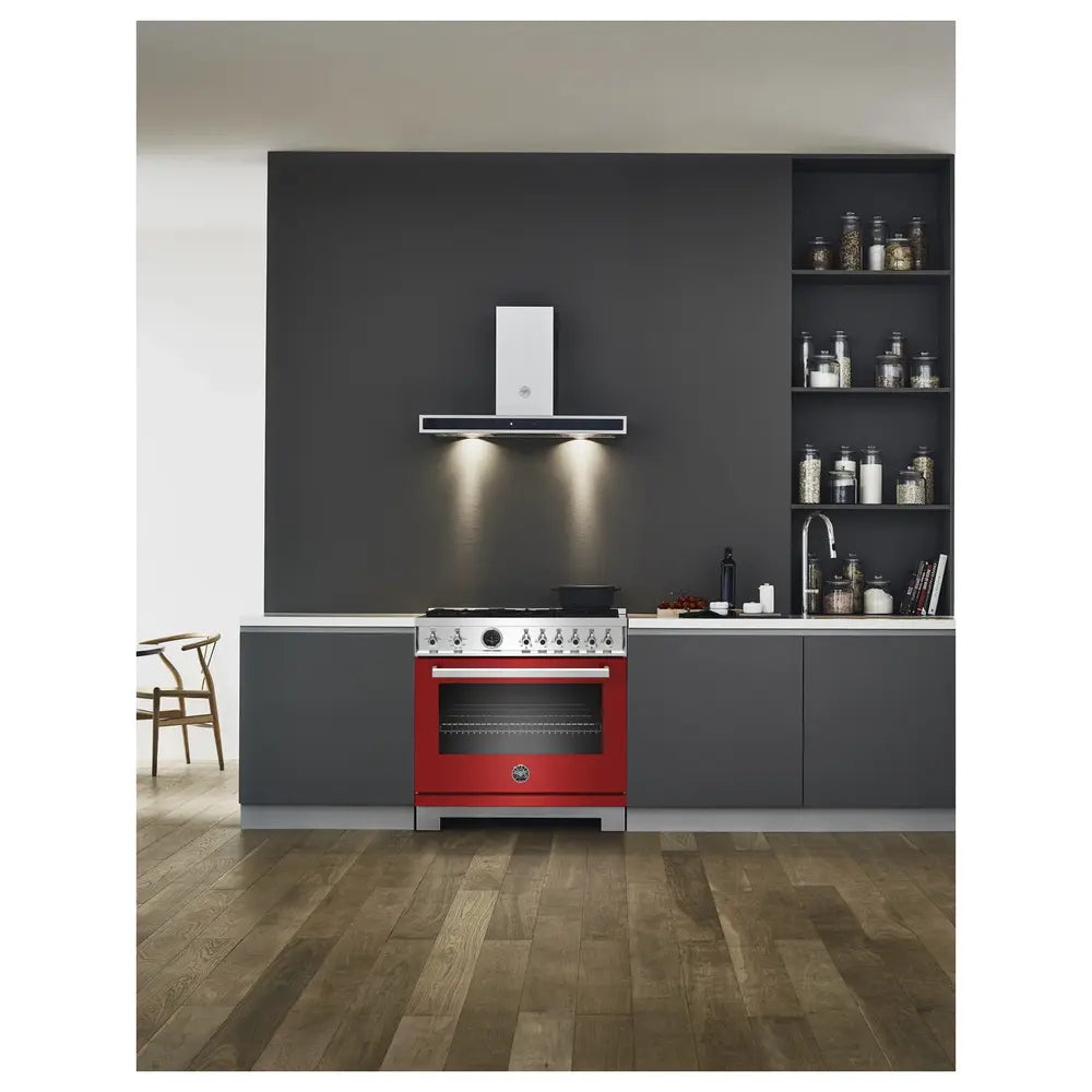 Bertazzoni 36 inch Freestanding Dual Fuel Range with 6 Sealed Burners, 5.7 cu. ft. Capacity, Soft Motion Hinges, Self Clean Oven, in Rosso Red in Rosso Red - PROF366DFSROT