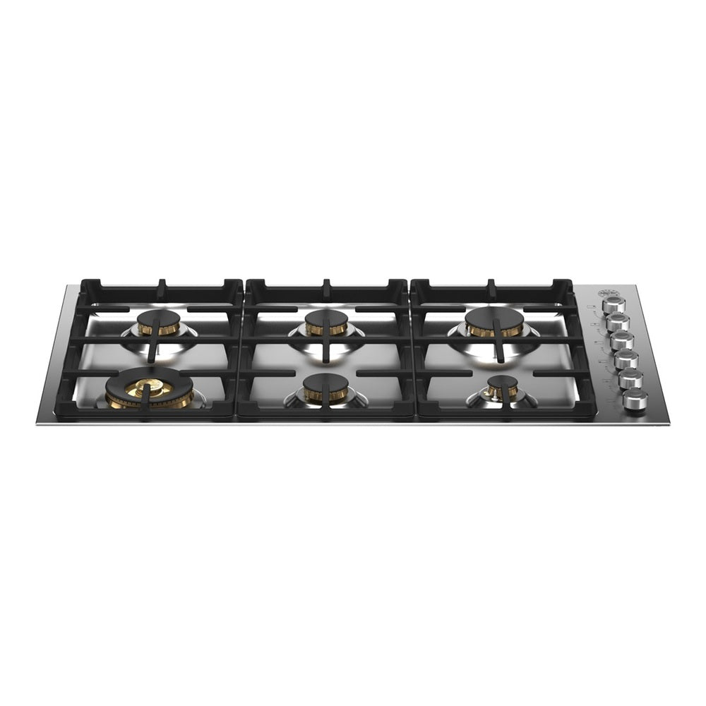 Bertazzoni 36 inch Professional Series Drop In Gas Cooktop with 6 Brass Burners, Cast Iron Grates, Fail-Safe Thermocouple Technology, in Stainless Steel  - PROF366QBXT*