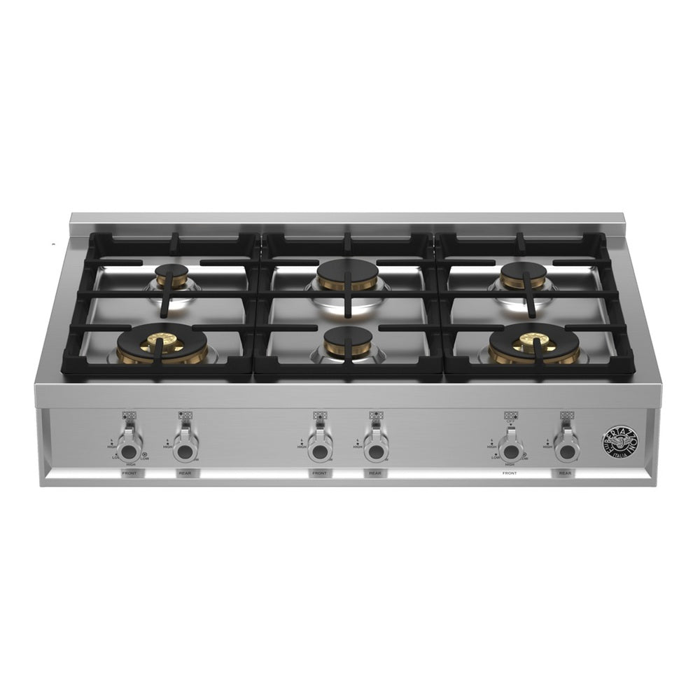 Bertazzoni 36 inch Professional Series Gas Rangetop with 6 Sealed Brass Burners, and Cast Iron Grates in Stainless Steel - PROF366RTBXT*