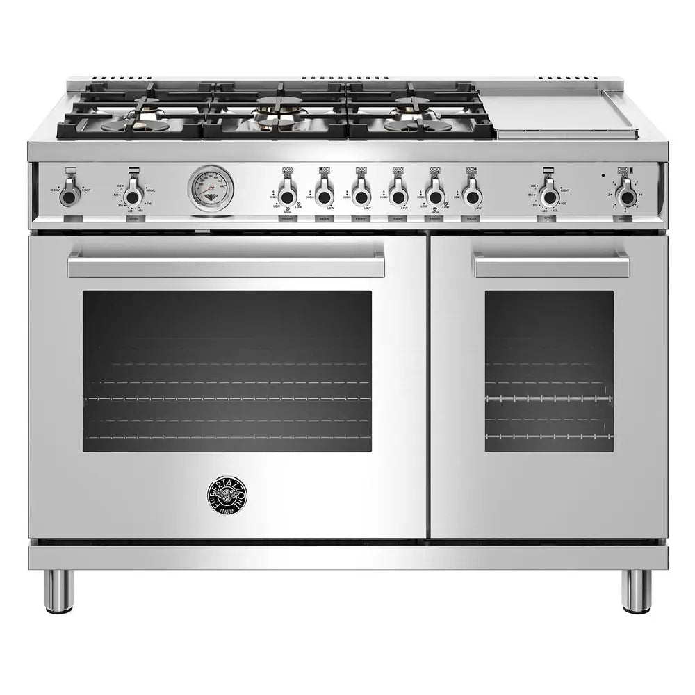 Bertazzoni 48 inch Professional Series All-Gas Range with 6 Brass Burners, Griddle, 4.7 + 2.4 cu. ft. Capacity, Elegant Temperature Gauge, Dual Convection Fans, in Stainless Steel - PROF486GGASXT*