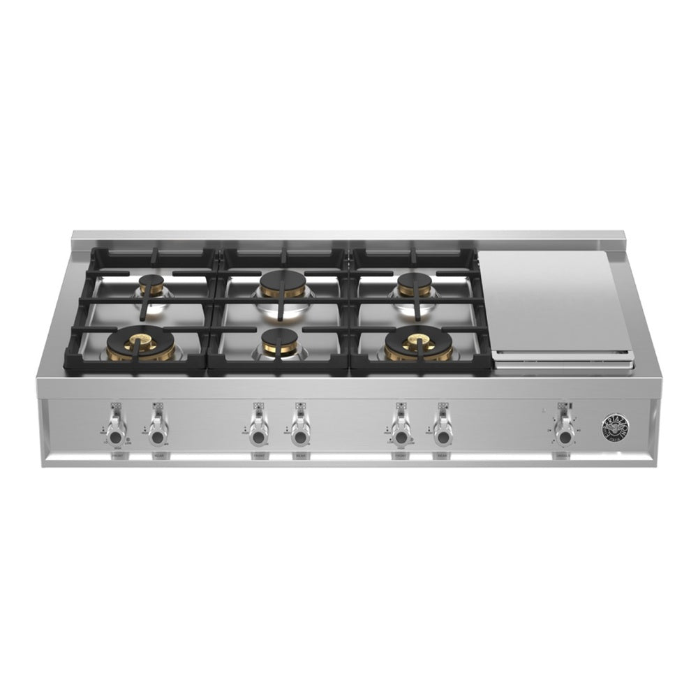 Bertazzoni 48 inch Professional Series Gas Rangetop with 6 Brass Sealed Burners, Electric Griddle, Cast Iron Grates, Failsafe Thermocouple Technology, in Stainless Steel - PROF486GRTBXT*