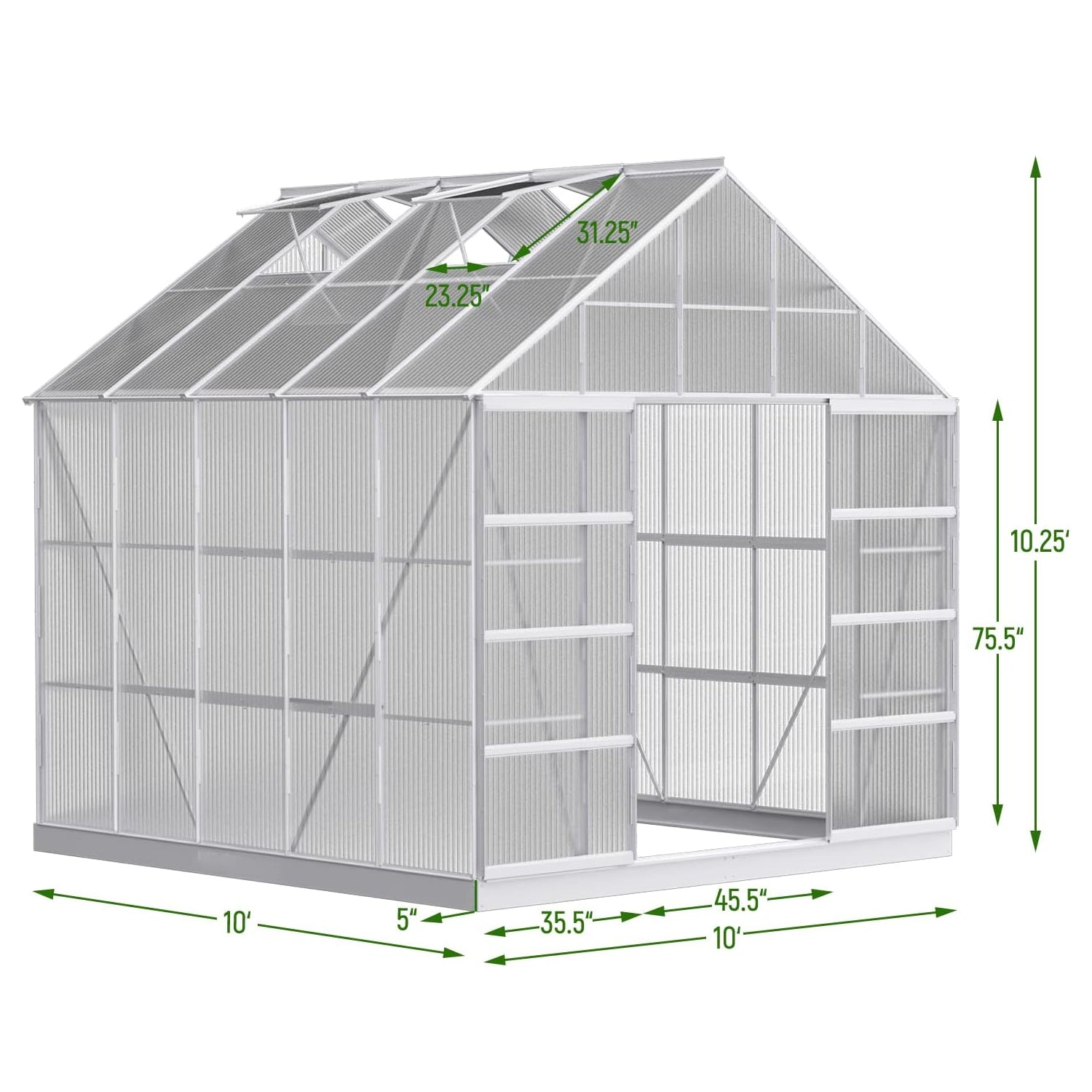 [10x10FT] Premium Outdoor Aluminum Walk-In Greenhouse With Polycarbonate Panels & Sliding Doors (94638275)