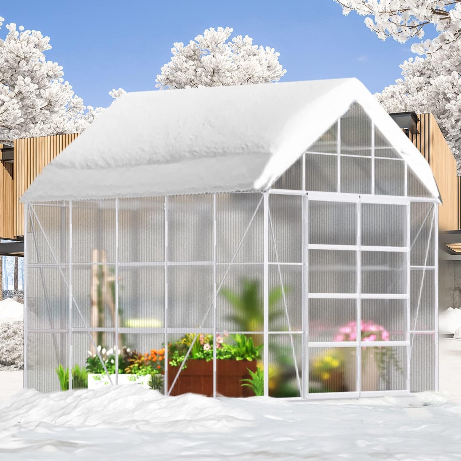 [10x10FT] Premium Outdoor Aluminum Walk-In Greenhouse With Polycarbonate Panels & Sliding Doors (94638275)