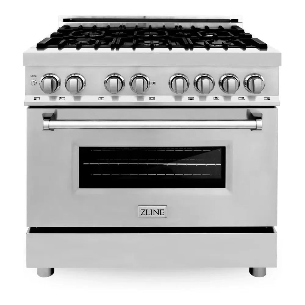 ZLINE 36" Convection Dual Fuel Range with 6 Italian Burners, 4.6 cu. ft. Oven Capacity, Porcelain Cooktop, Cast Iron Grates, Adjustable Leg, and Dual Lighting, in Stainless Steel