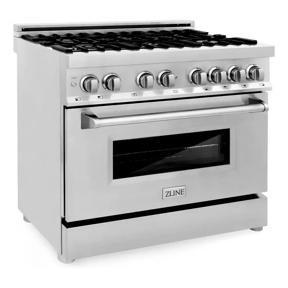 ZLINE 36" Convection Dual Fuel Range with 6 Italian Burners, 4.6 cu. ft. Oven Capacity, Porcelain Cooktop, Cast Iron Grates, Adjustable Leg, and Dual Lighting, in Stainless Steel