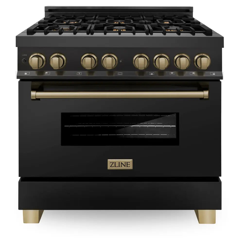 ZLINE 36" Autograph Edition Dual Fuel Range with 6 Italian Brass Burners, 4.6 cu. ft. Oven Capacity, Stay-Put Hinges and Cast-Iron Grates in Black Stainless Steel