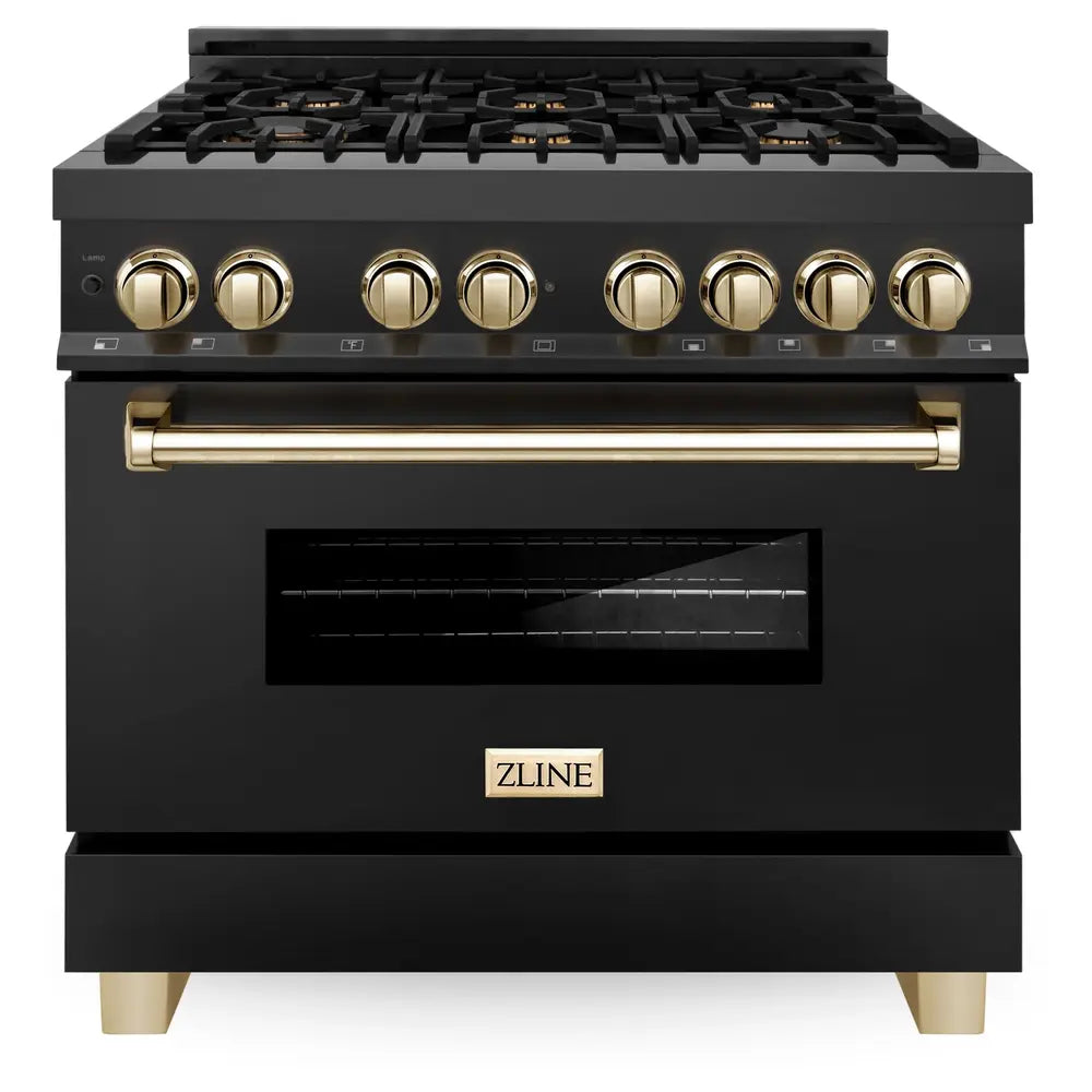 ZLINE 36" Autograph Edition Dual Fuel Range with 6 Italian Brass Burners, 4.6 cu. ft. Oven Capacity, Stay-Put Hinges and Cast-Iron Grates in Black Stainless Steel