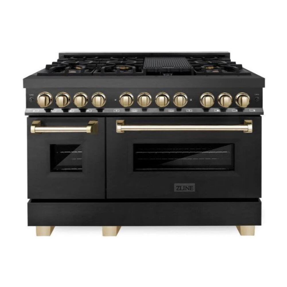 ZLINE 48" Autograph Edition Dual Fuel Range with 6 Italian Brass Burners, Griddle, 6 cu. ft. Total Oven Capacity, Stay-Put Hinges, Cast-Iron Grates in Black Stainless Steel