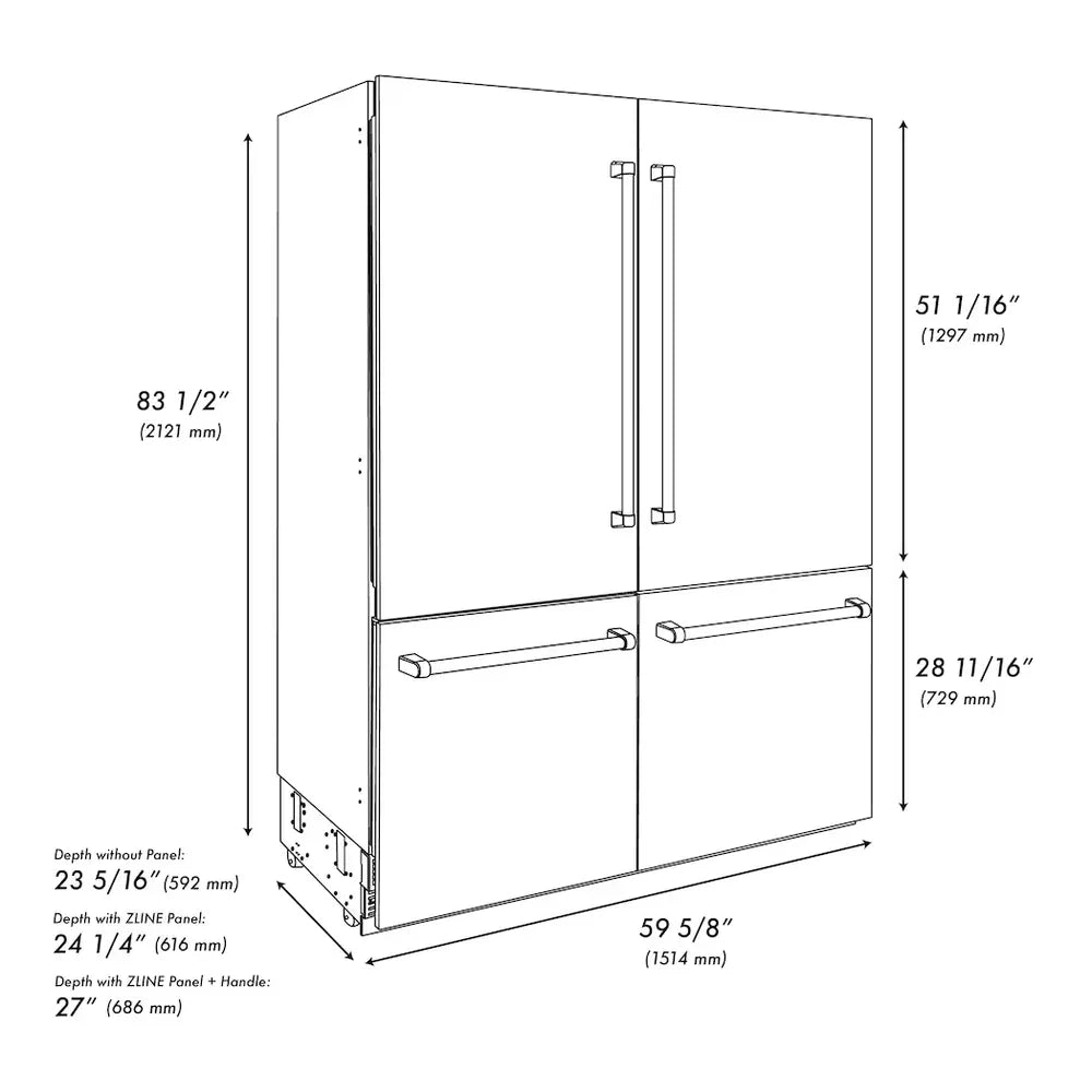 ZLINE 60" Built-In French Door Refrigerator with 32.2 cu. ft. Capacity, Flex Drawers,