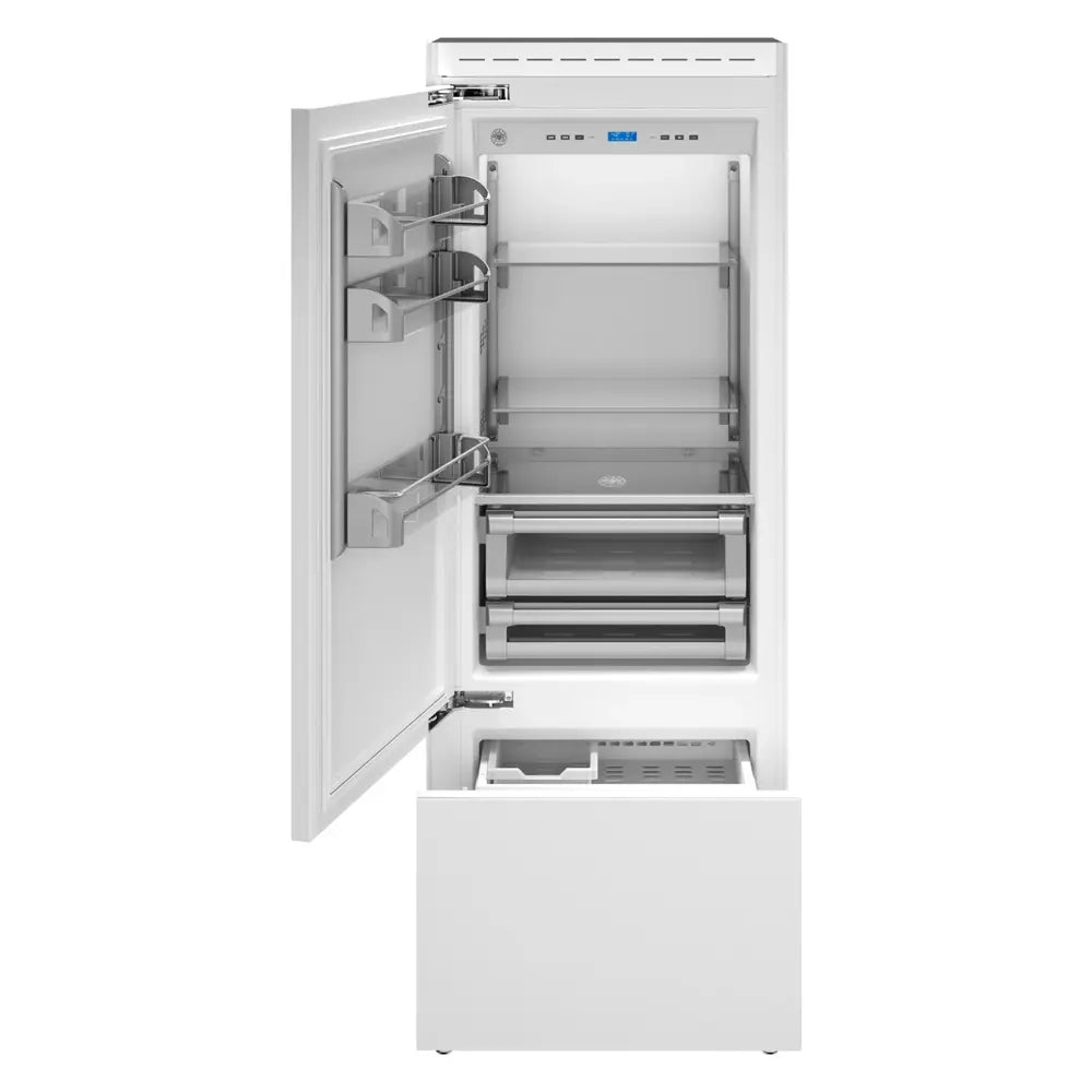 Bertazzoni 30 inch Built-In Bottom Freezer Refrigerator with 14 cu. ft. Capacity, Ice Maker, White Aluminum Interior, Left Hinge, in Panel Ready - REF30PRL