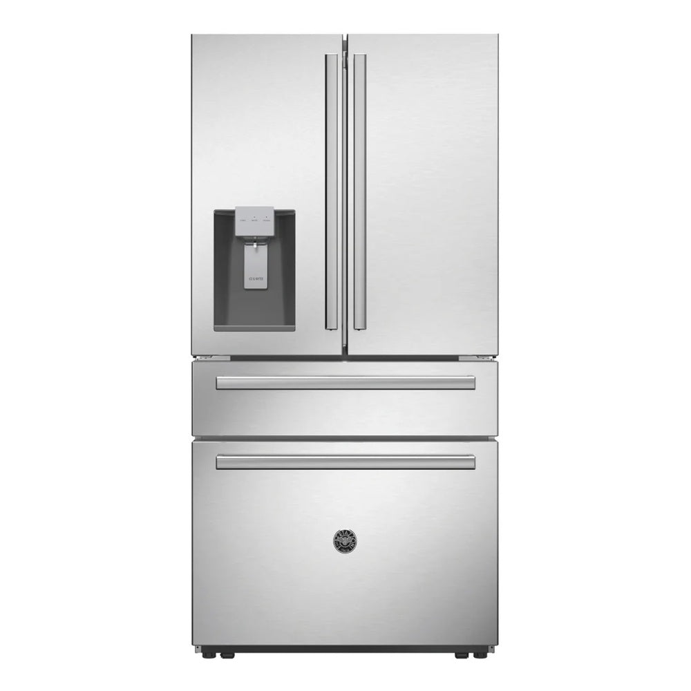 Bertazzoni 36 inch Freestanding French Door Refrigerator with 21.6 cu. ft. Capacity, Quattro Temp Zone Drawer with Customizable Settings, and External Ice and Water Dispenser in Stainless Steel - REF36FDFZXNT