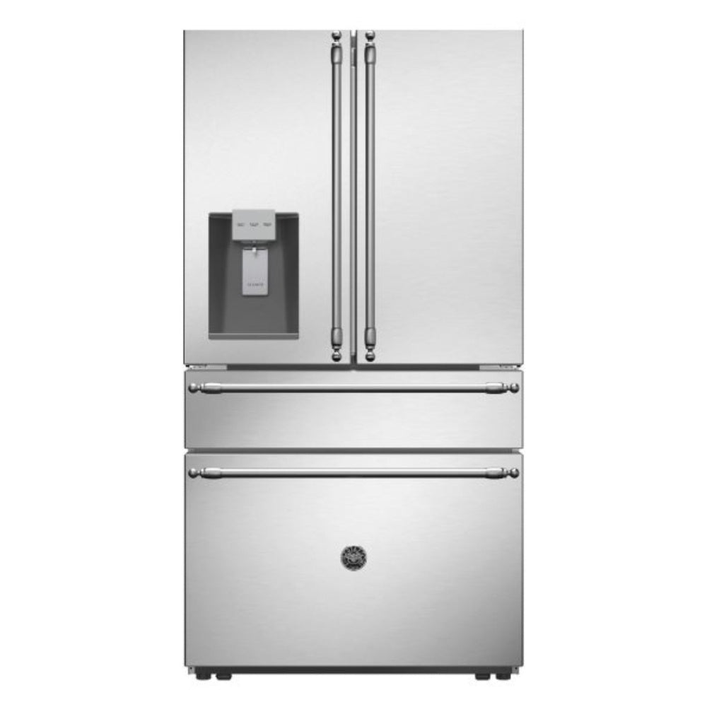Bertazzoni 36 inch Freestanding French Door Refrigerator with 21.6 cu. ft. Capacity, Quattro Temp Zone Drawer with Customizable Settings, and External Ice and Water Dispenser in Stainless Steel - REF36FDFZXNT
