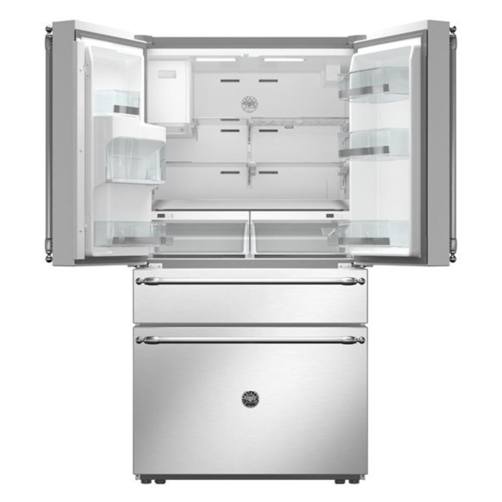 Bertazzoni 36 inch Freestanding French Door Refrigerator with 21.6 cu. ft. Capacity, Quattro Temp Zone Drawer with Customizable Settings, and External Ice and Water Dispenser in Stainless Steel - REF36FDFZXNT