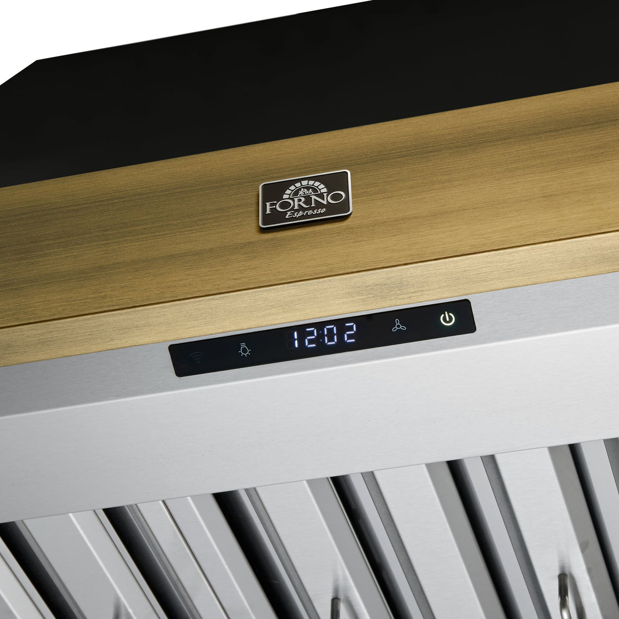 Forno Vittorio 36-Inch Wall Mount Range Hood, Antique Brass Trim, 424 CFM Airflow, Dishwasher-Safe Baffle Filters, Remote Control, 3-Speed Fan, Bright LED Lighting.