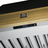 Forno Vittorio 36-Inch Wall Mount Range Hood, Antique Brass Trim, 424 CFM Airflow, Dishwasher-Safe Baffle Filters, Remote Control, 3-Speed Fan, Bright LED Lighting.