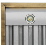 Forno Vittorio 36-Inch Wall Mount Range Hood, Antique Brass Trim, 424 CFM Airflow, Dishwasher-Safe Baffle Filters, Remote Control, 3-Speed Fan, Bright LED Lighting.