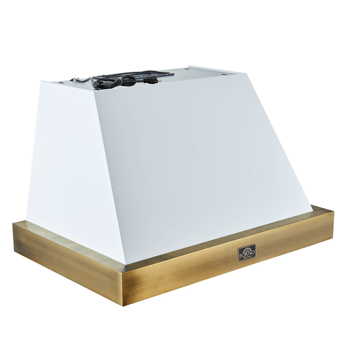 Forno Vittorio 36-Inch Wall Mount Range Hood, Antique Brass Trim, 424 CFM Airflow, Dishwasher-Safe Baffle Filters, Remote Control, 3-Speed Fan, Bright LED Lighting.