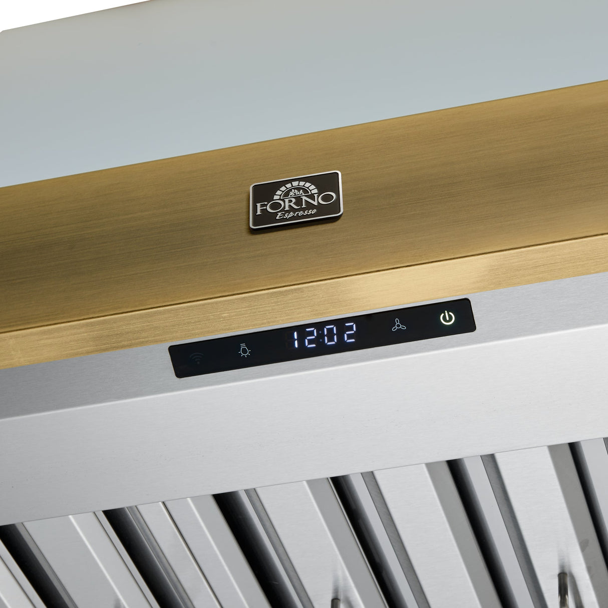 Forno Vittorio 36-Inch Wall Mount Range Hood, Antique Brass Trim, 424 CFM Airflow, Dishwasher-Safe Baffle Filters, Remote Control, 3-Speed Fan, Bright LED Lighting.