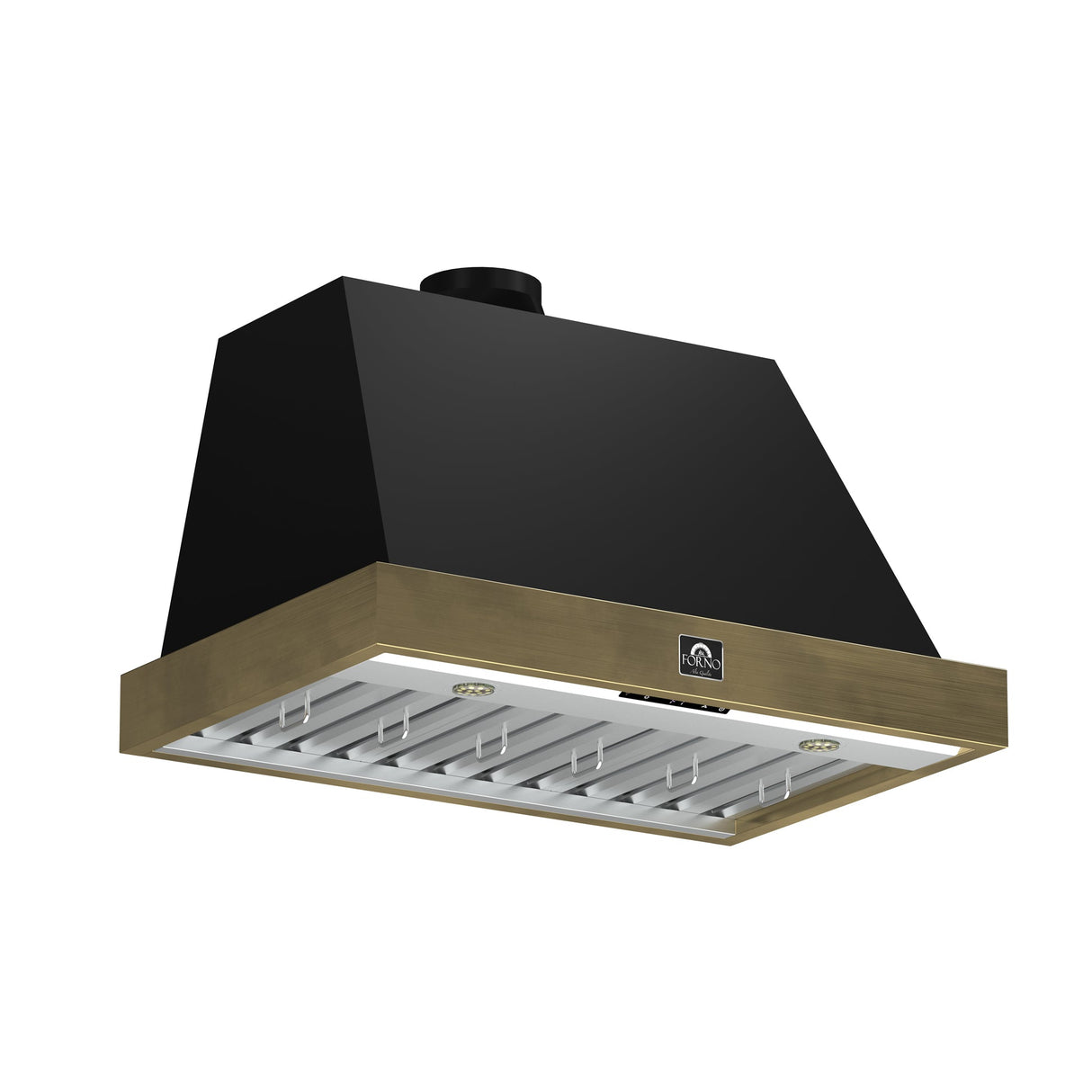 Forno Vittorio 36-Inch Wall Mount Range Hood, Antique Brass Trim, 424 CFM Airflow, Dishwasher-Safe Baffle Filters, Remote Control, 3-Speed Fan, Bright LED Lighting.